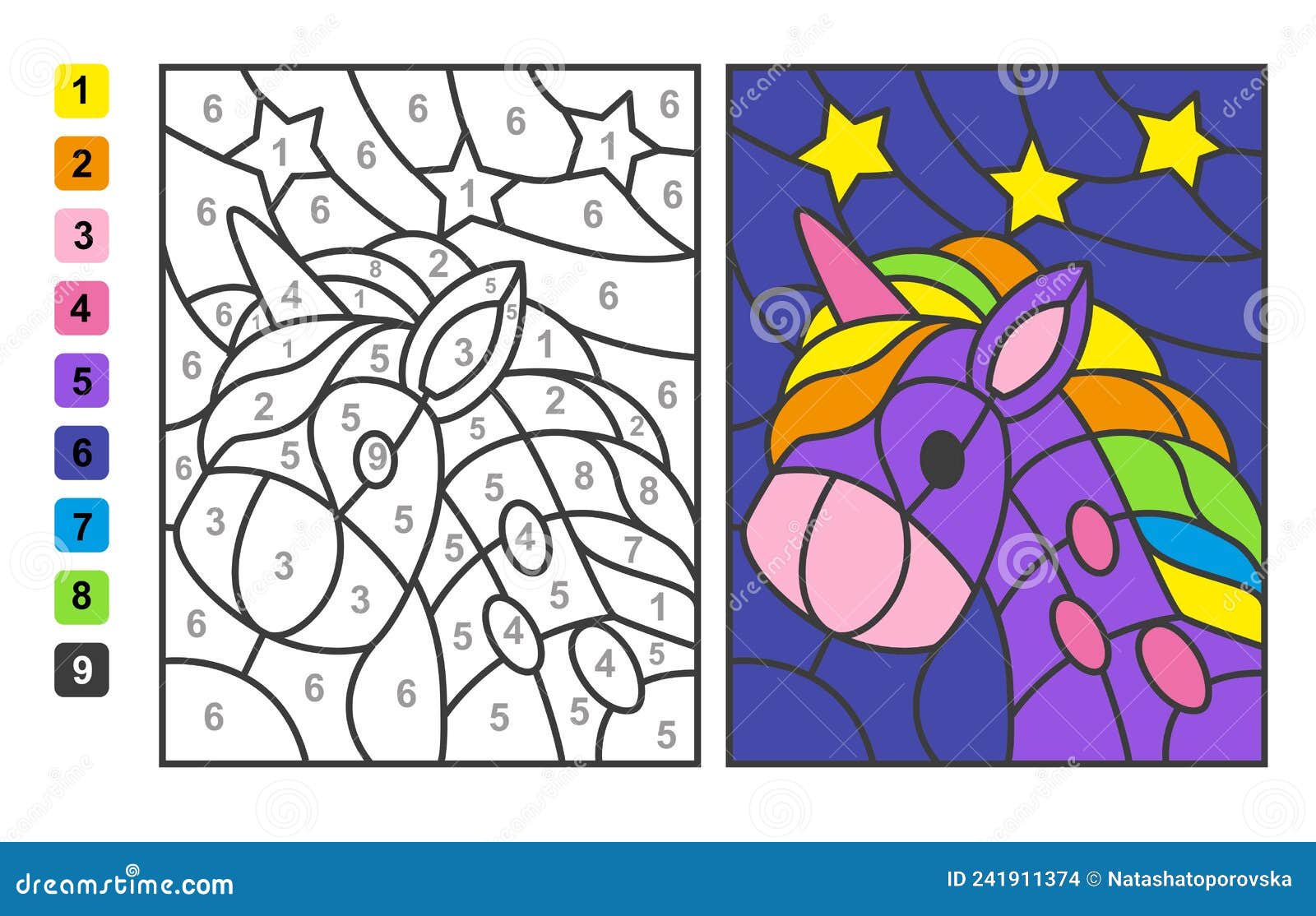 Color by numbers unicorn animal puzzle game for children education colors for drawing and learning mathematics stock vector