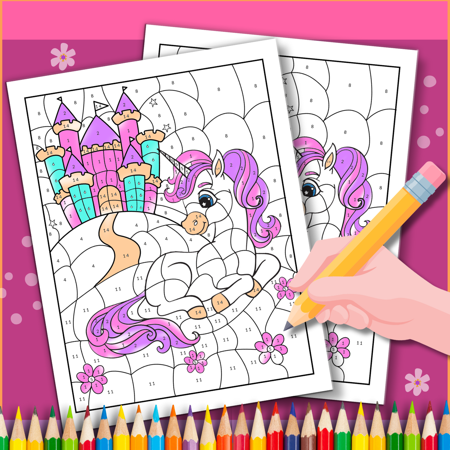 Variety of unicorn color by number pages for kids made by teachers