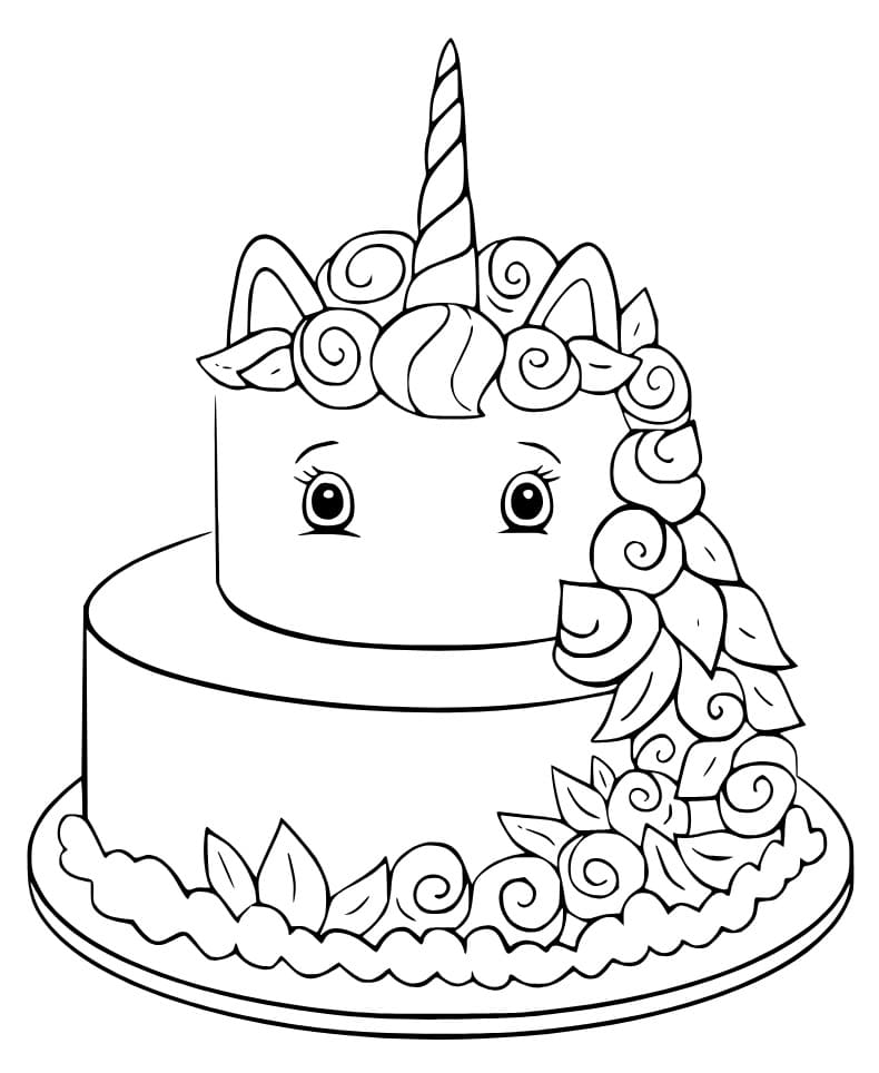 A cute unicorn cake coloring page