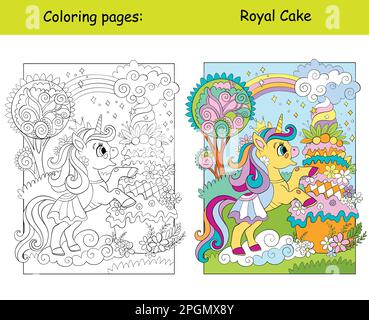 Cute little unicorn princess and huge beautiful cake cartoon vector illustration kids coloring book page with color template for coloring educatio stock vector image art