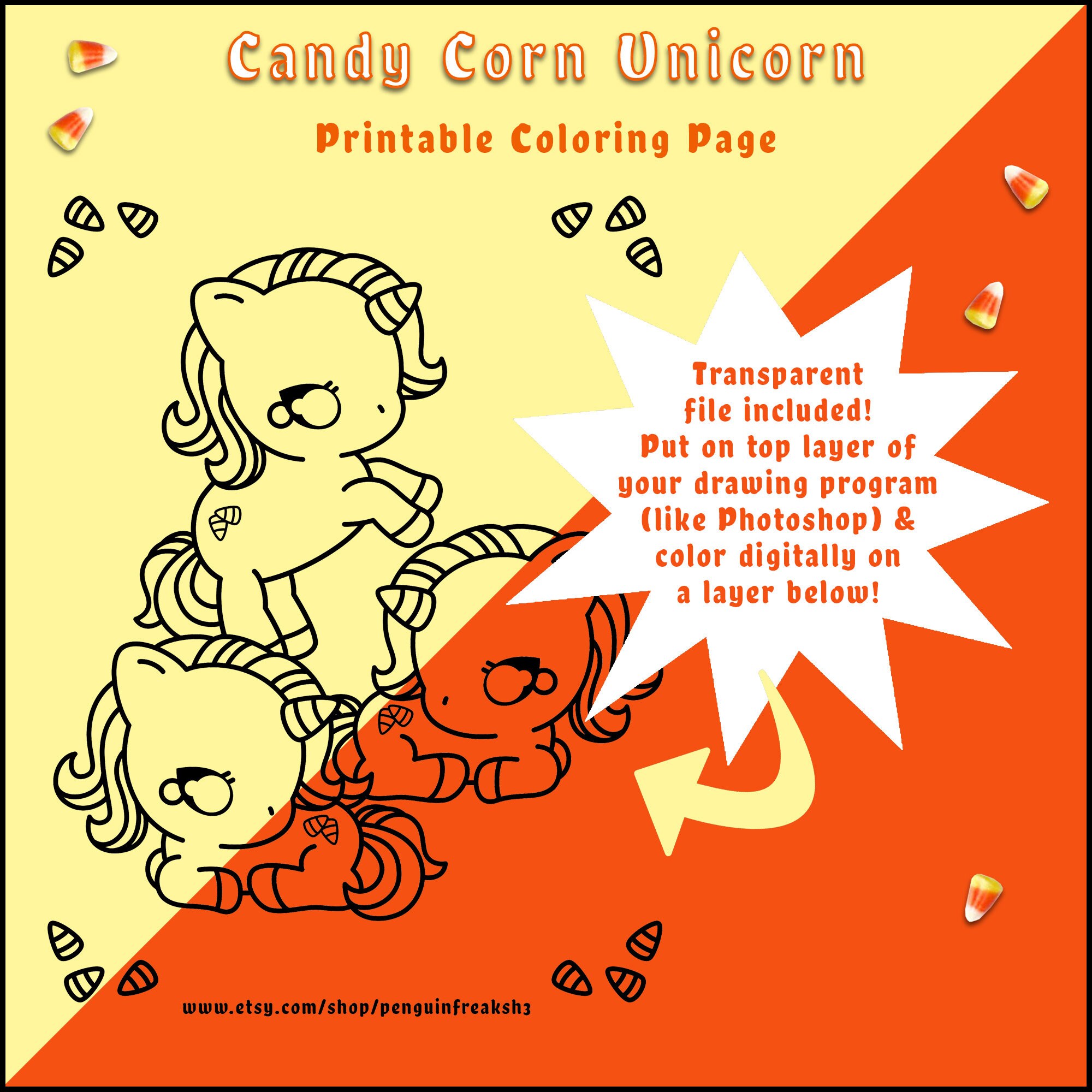 Candy corn unicorn printable halloween coloring page kawaii cute animal fantasy pony horse to color