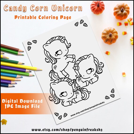 Candy corn unicorn printable halloween coloring page kawaii cute animal fantasy pony horse to color