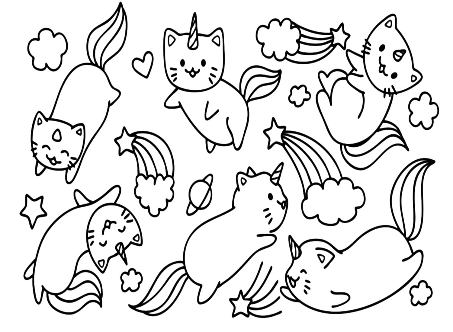 Free unicorn cats coloring page