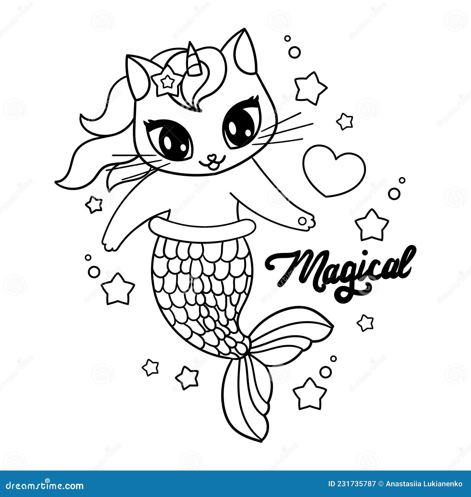 Cute cat mermaid unicorn black and white outline drawing vector stock vector