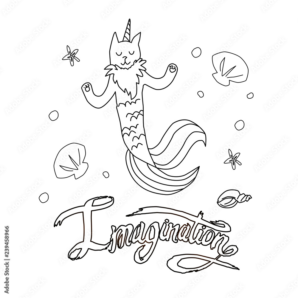 Coloring page vector illustration of cat unicorn and word imagination vector