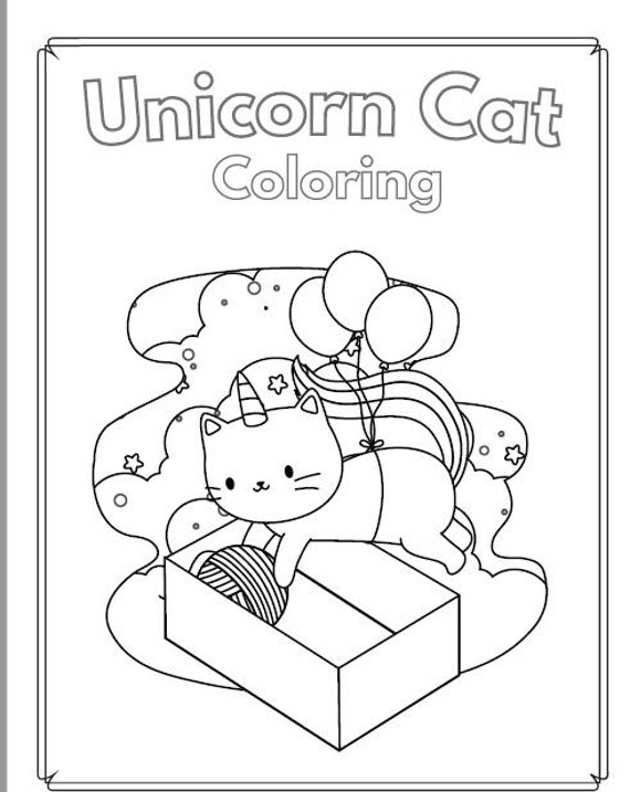 Unicorn cat coloring book printable kitten coloring page for kids boy girl digital download pdf