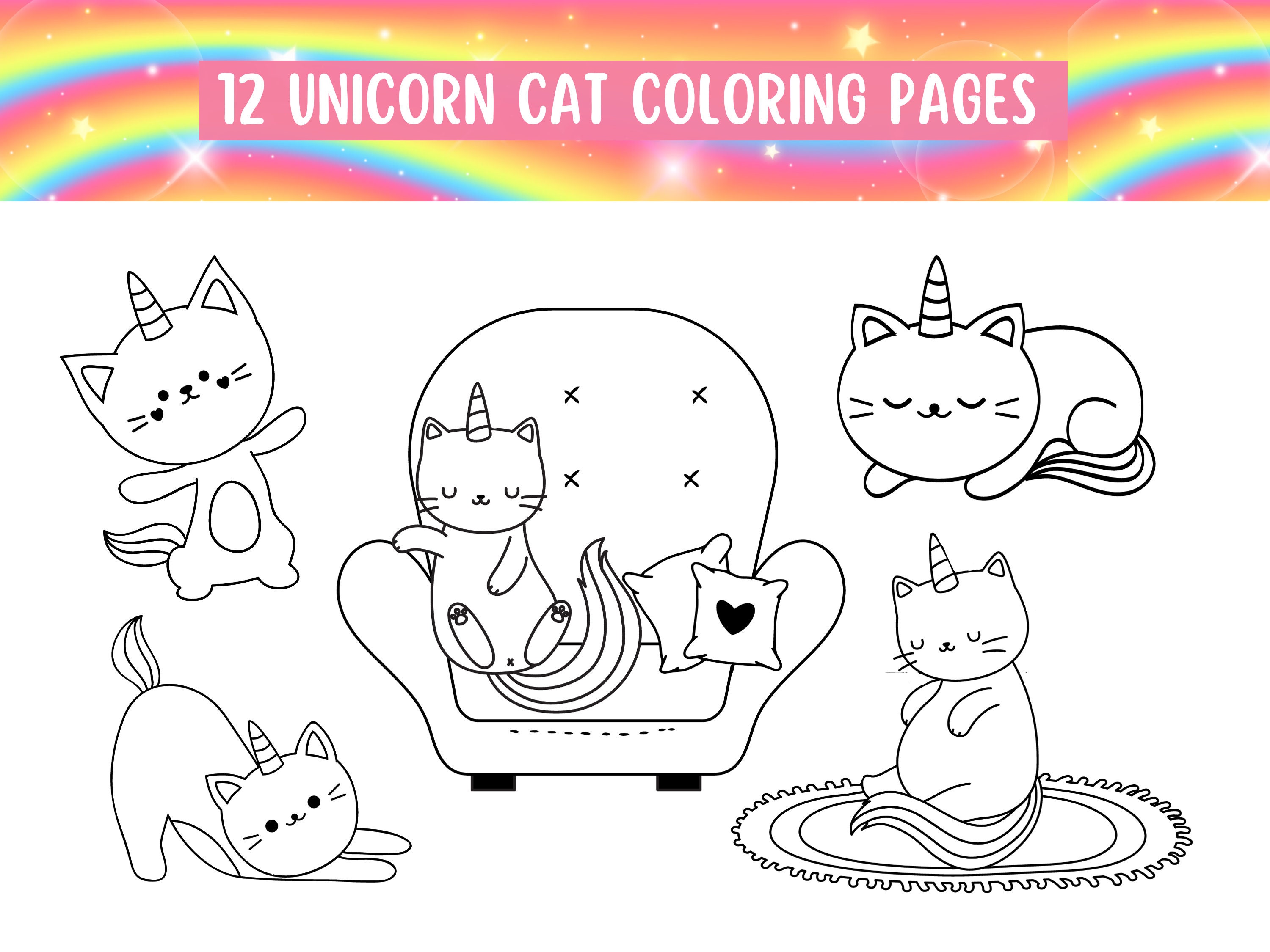 Unicorn cat coloring pages cute cat coloring sheets printable coloring pages kids activity instant download