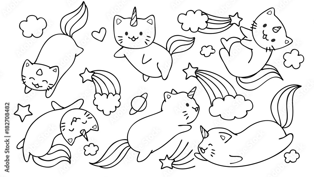 Hand drawn cute unicorn cats flying with stars and clouds for design element and coloring book page for kids or teens vector