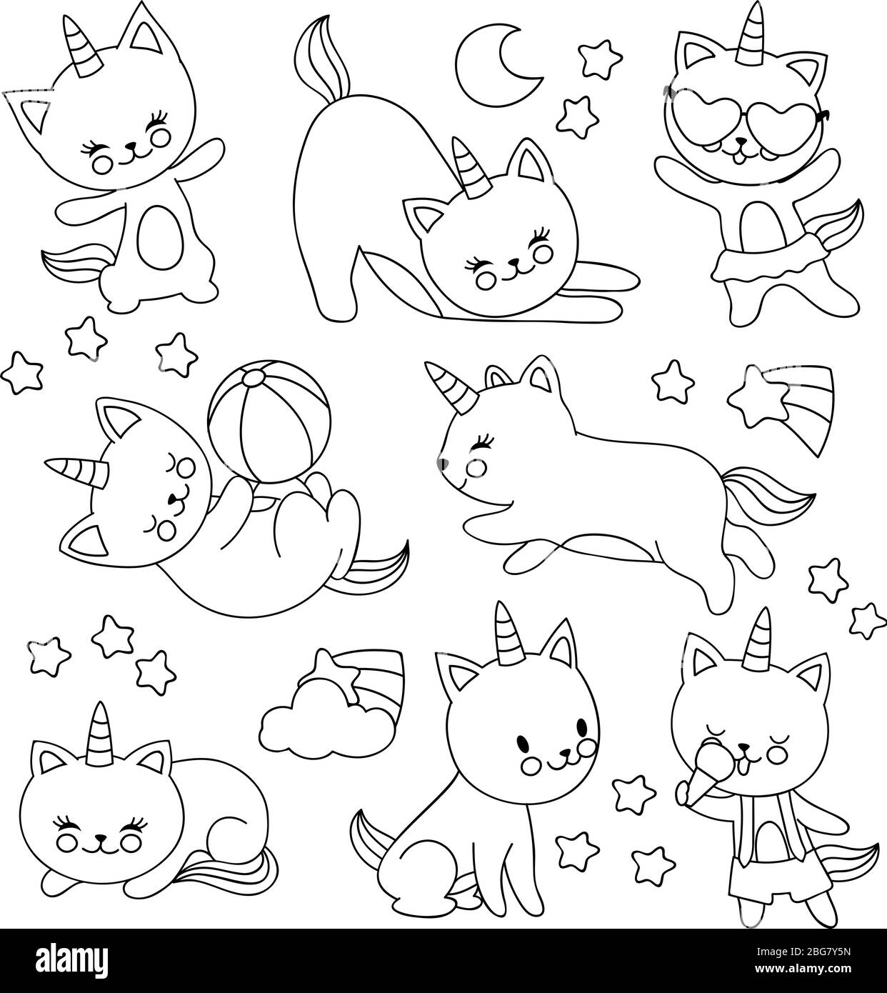 Hand drawn cute flying unicorn cats vector cartoon characters for kids coloring book cat unicorn drawing pet with horn linear illustration stock vector image art