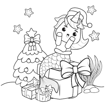 Premium vector christmas coloring book with cute unicorn mermaid