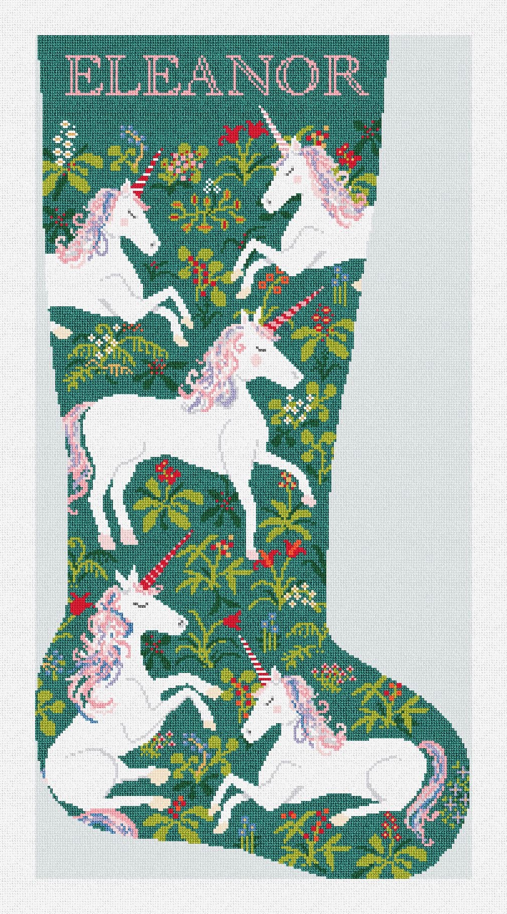 Unicorn forest christmas stocking needlepoint diy kit