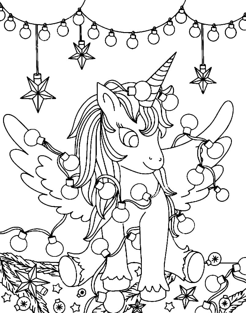 Cute christmas santa and unicorn coloring page
