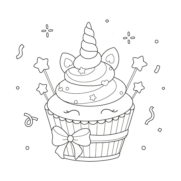 Premium vector unicorn cupcake coloring page illustration