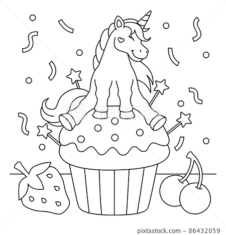 Unicorn sitting on a cupcake coloring page