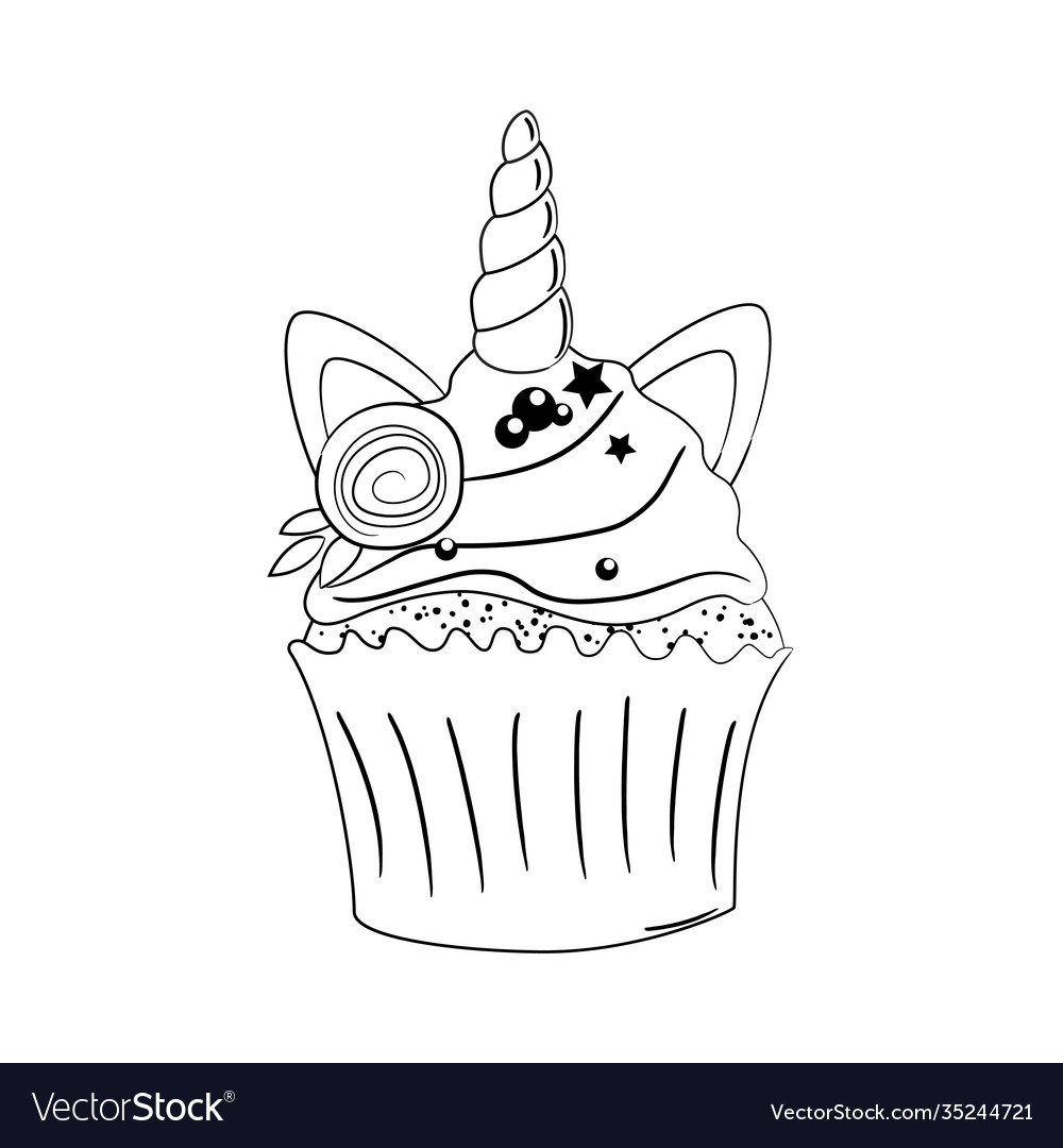 Cute unicorn cupcake in black and white color vector image