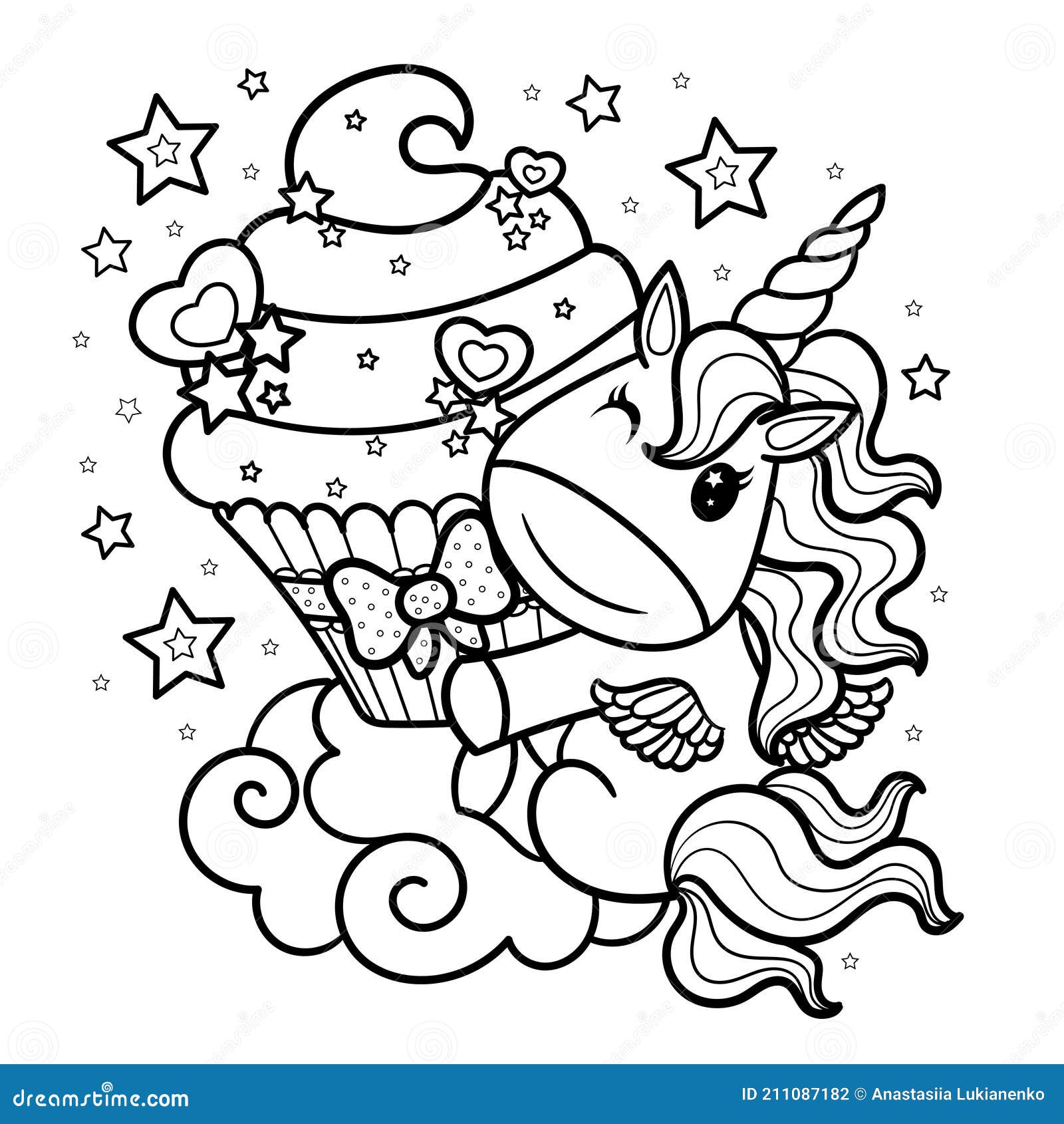 Cute cartoon unicorn with cream cupcake black and white children s illustration for coloring doodle style vector stock vector