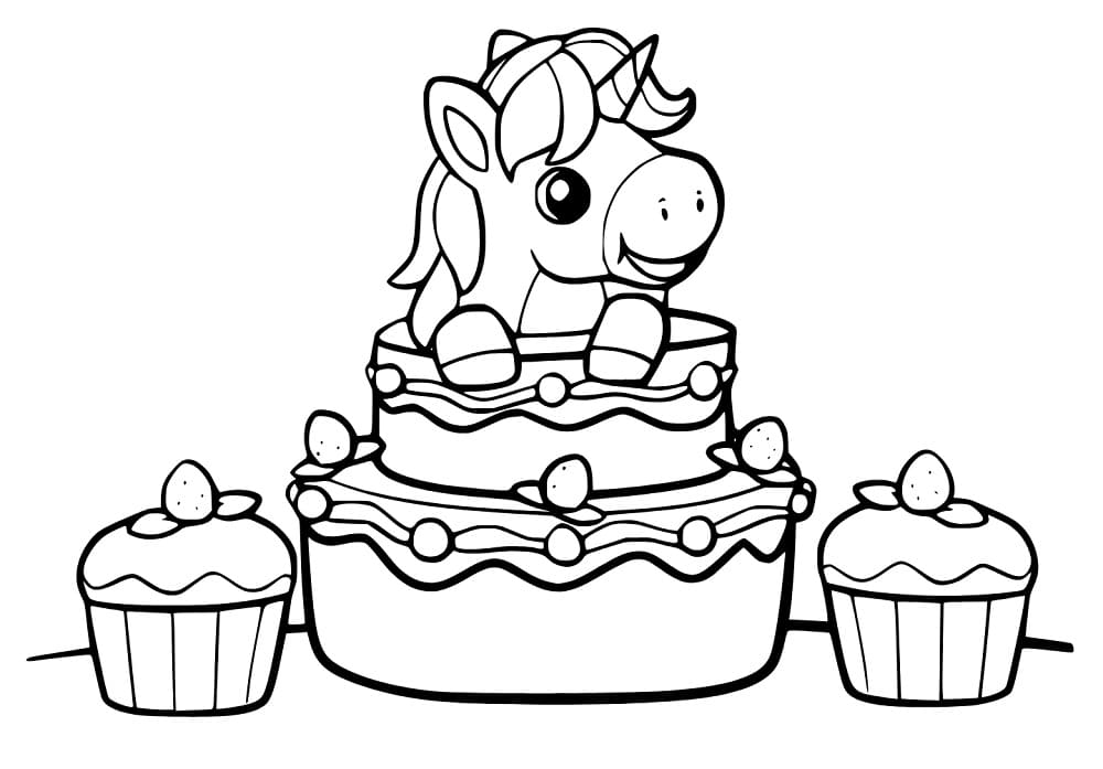 Very cute unicorn cake coloring page