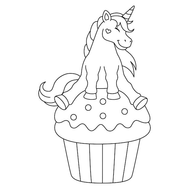 Premium vector unicorn sitting on a cupcake coloring isolated