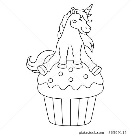 Unicorn sitting on a cupcake coloring isolated