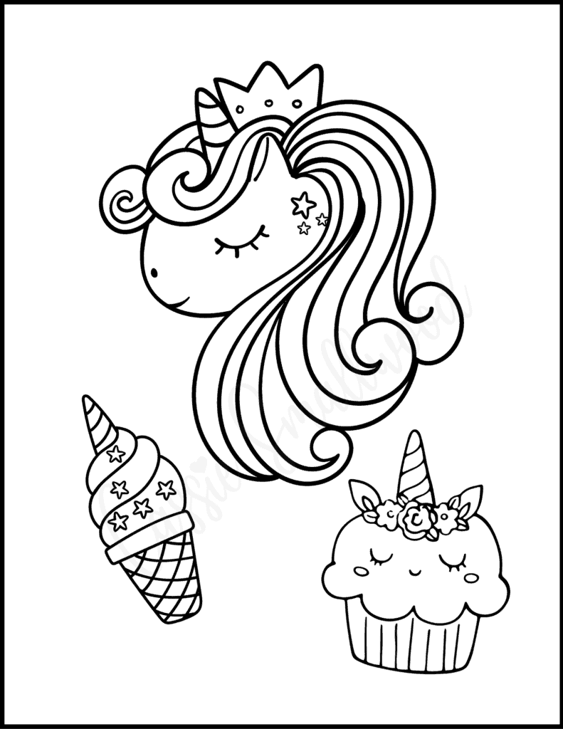Cute unicorn cupcake coloring pages