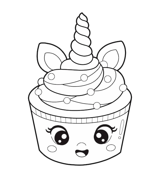 Premium vector cute cartoon unicorn cupcake coloring page