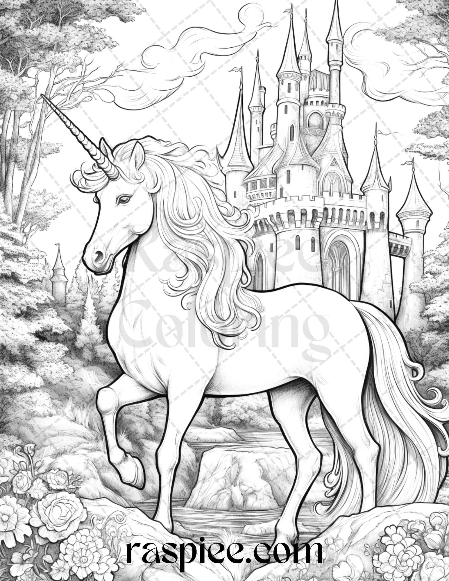 Enchanted unicorns grayscale coloring pages printable for adults p â coloring