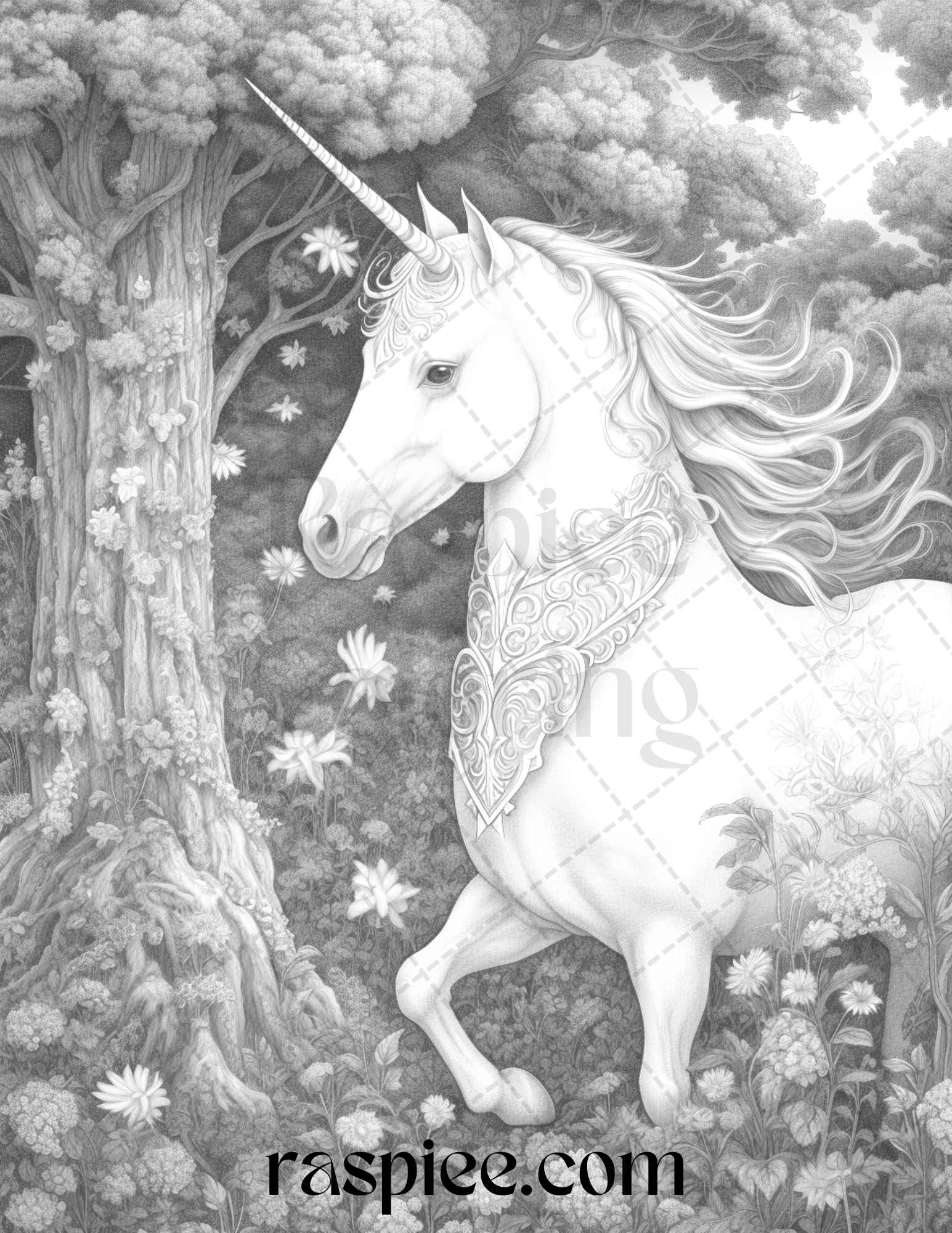 Enchanted unicorns grayscale coloring pages printable for adults p â coloring