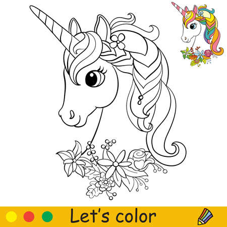 Cartoon cute unicorn with a wreath of flowers around neck coloring book page with colorful template for kids vector isolated illustration for coloring book print game party design decor ù ùùø øªøµù ùù ù