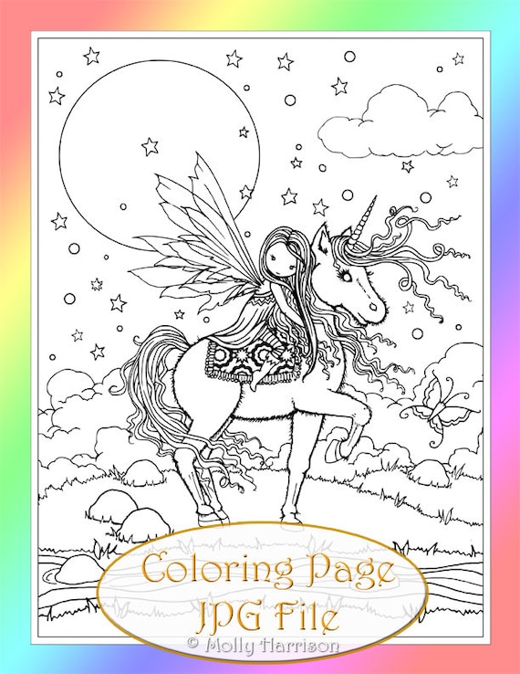 Little fairy riding unicorn instant download digital stamp coloring page digistamp printable molly harrison download now
