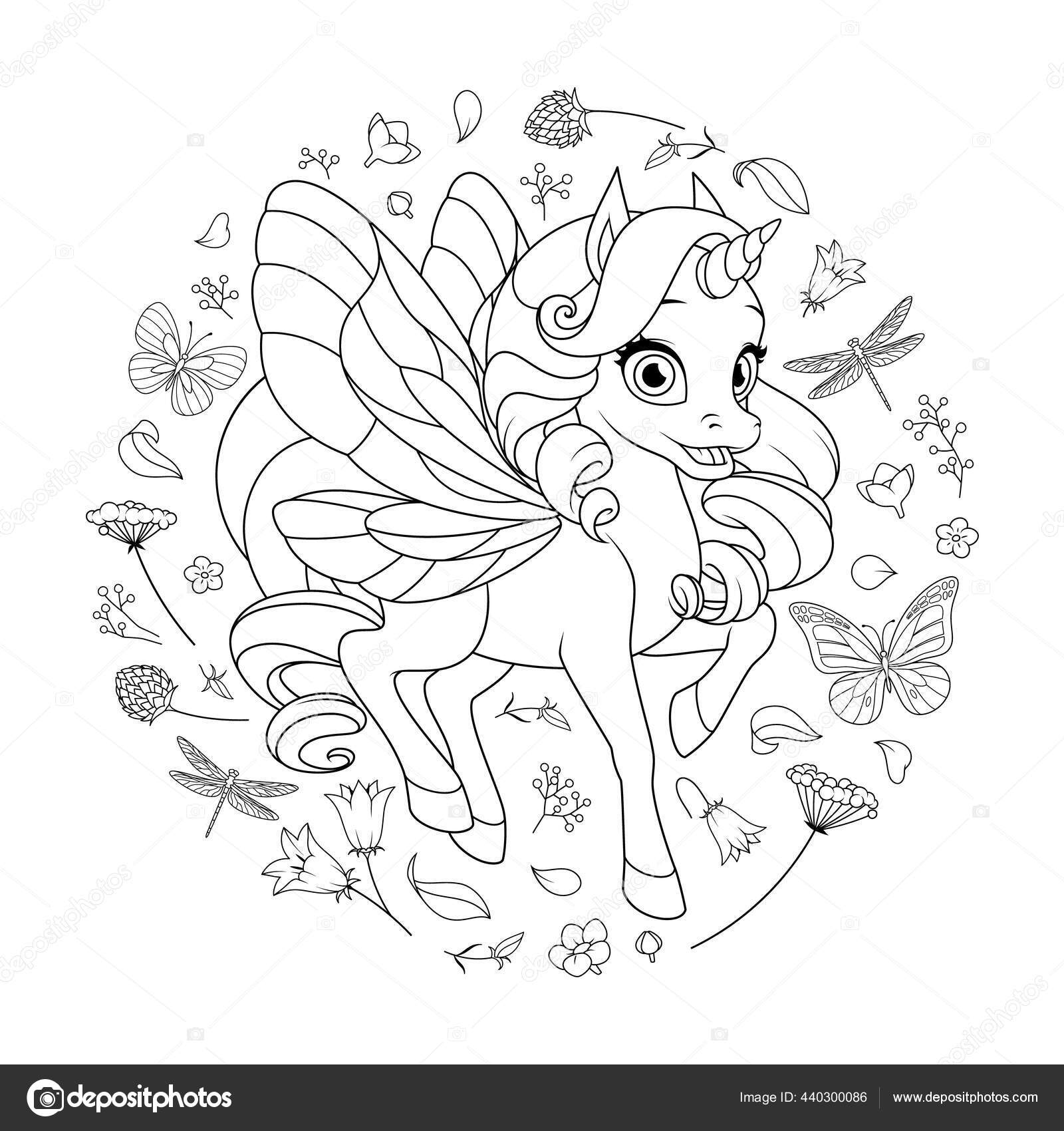 Cute fairy unicorn with wings surrounded with flowers and butterflies vector coloring page stock vector by musillustrations