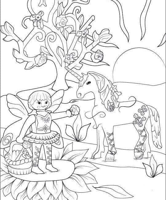 Playmobil fairy and unicorn coloring page