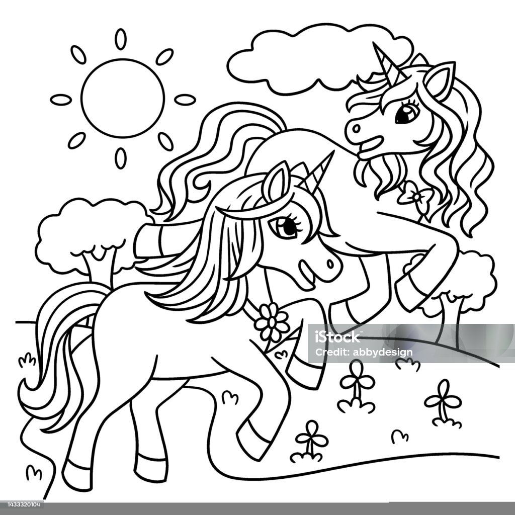 Unicorn with a friend coloring page for kids stock illustration