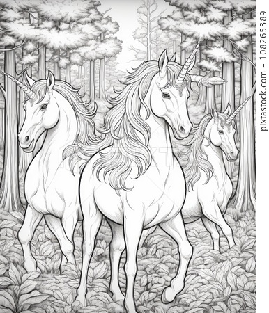 Coloring pages of a unicorn in a forest landscape