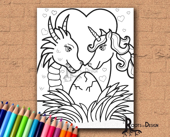 Instant download coloring page dragon and unicorn family print doodle art printable kawaii
