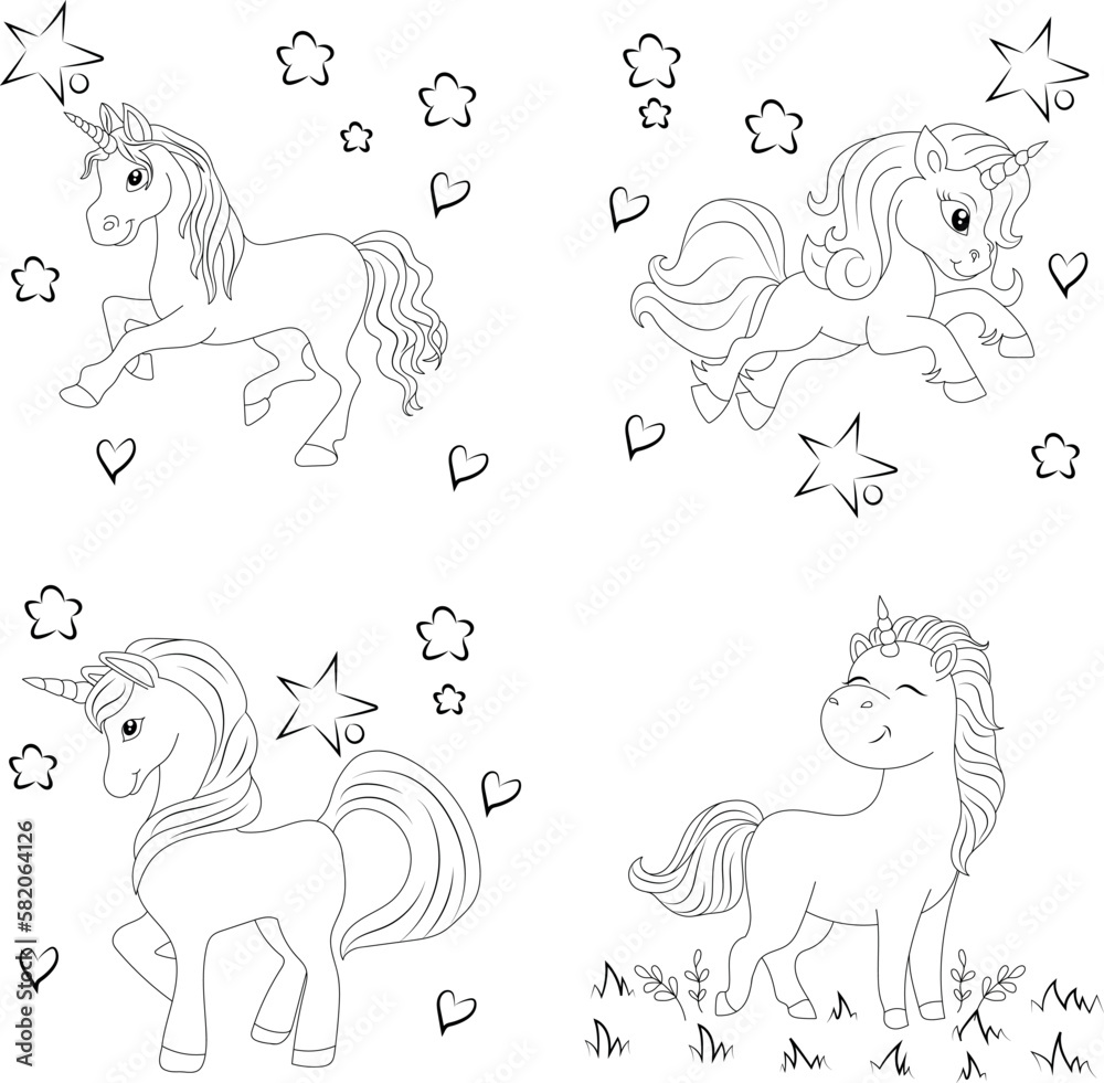 Line art unicorn kids illustration for children coloring book page vector