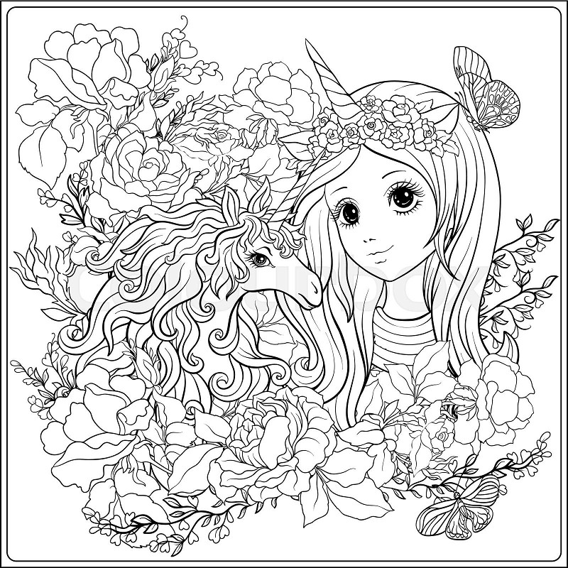Cute girl and unicorn in roses garden outline drawing coloring stock vector