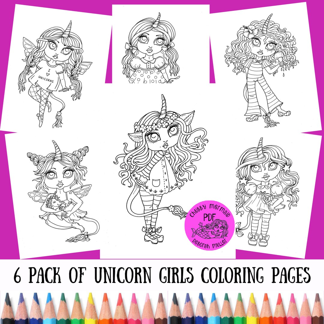 Unicorn girls digital download file pdf fun fantasy girls to color coloring pages instant download