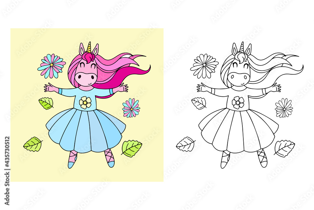 Cute gentle illustration of a unicorn girl in color and black and white for coloring pages vector