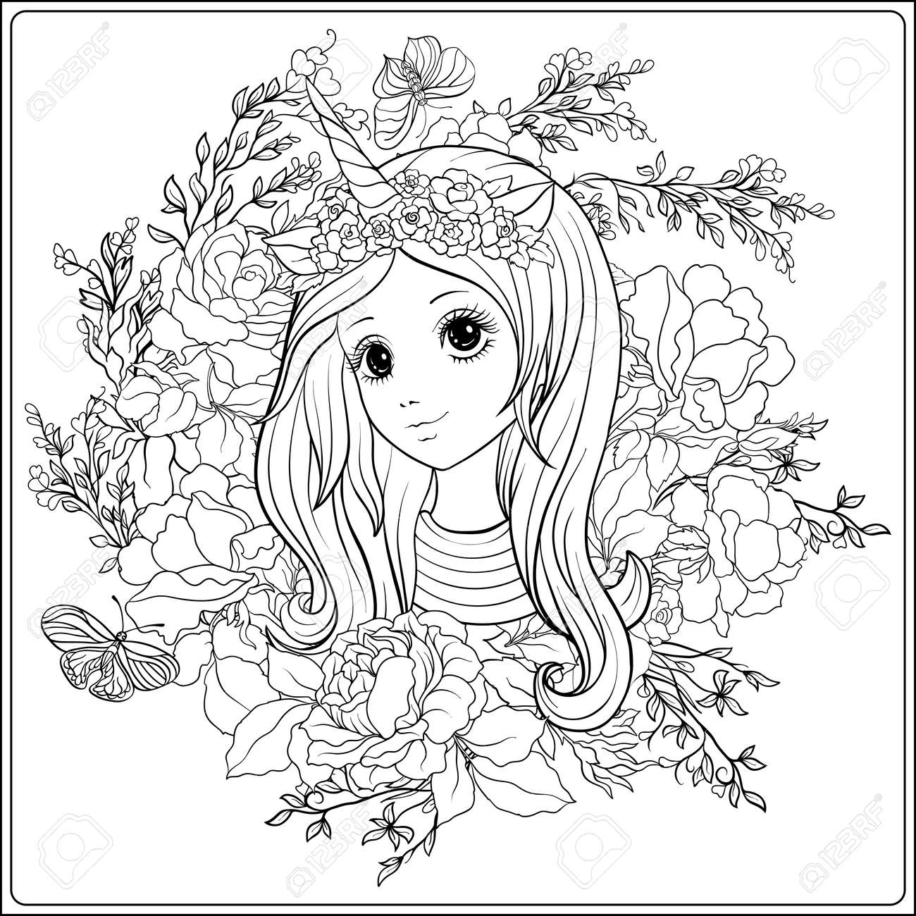 Young nice girl in a cap with a unicorn horn in the garden of roses outline drawing coloring page coloring book for adult stock vector royalty free svg cliparts vectors and stock