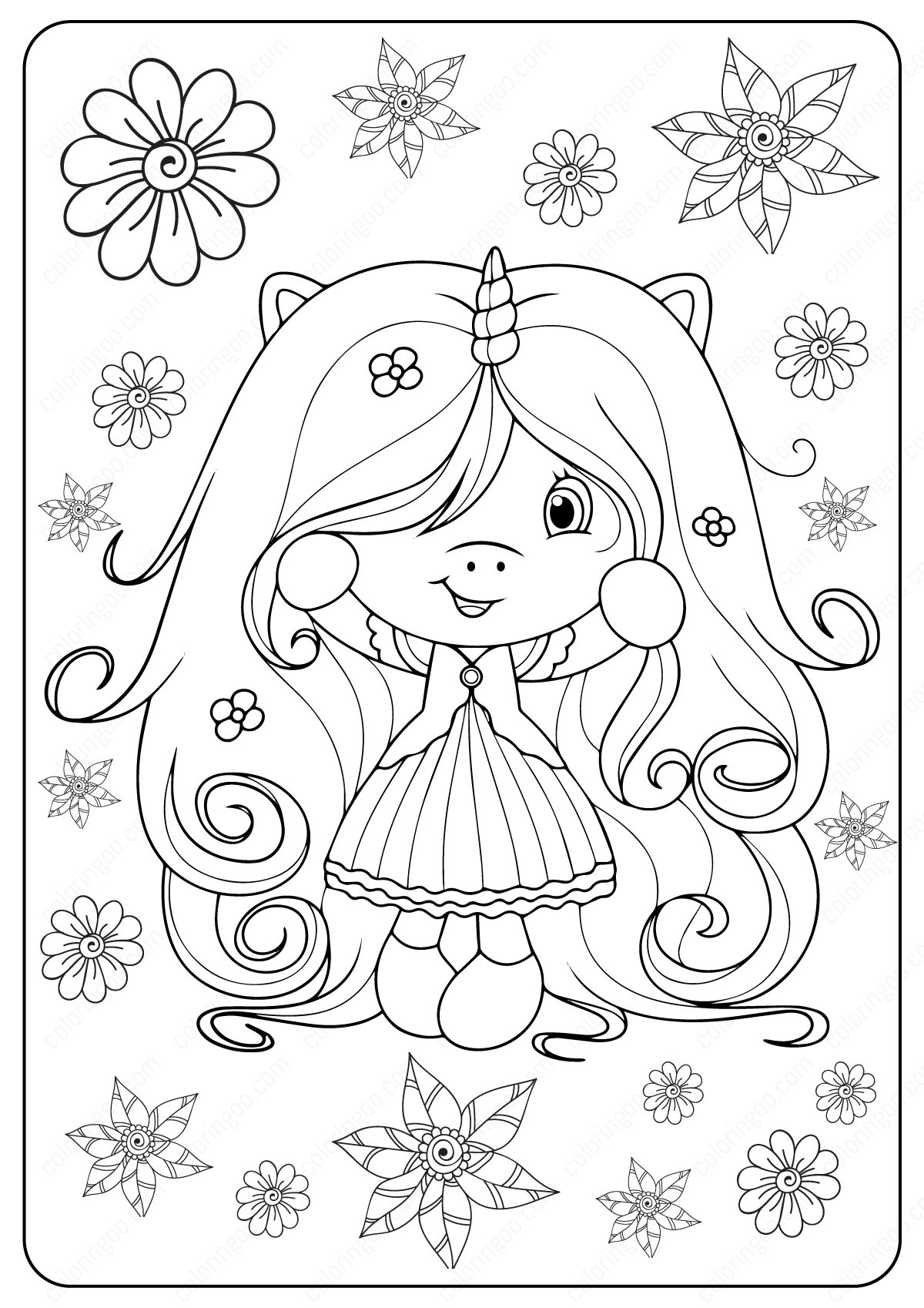 Printable long haired unicorn girl coloring pages