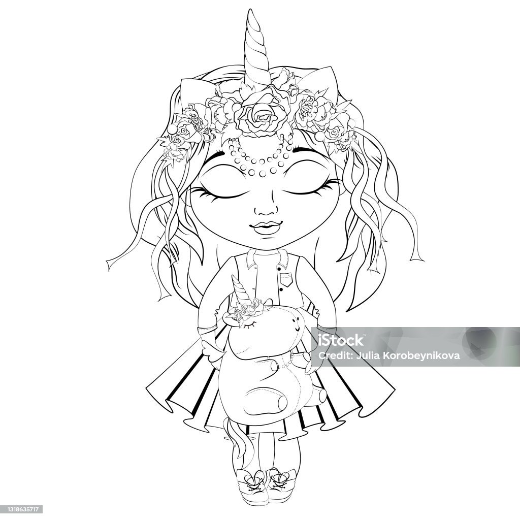 Coloring book girl with unicorn stock illustration
