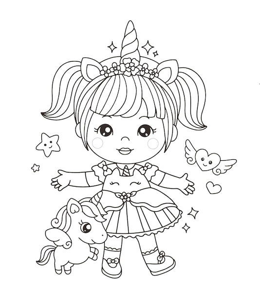 Premium vector cute girl in unicorn costume coloring page
