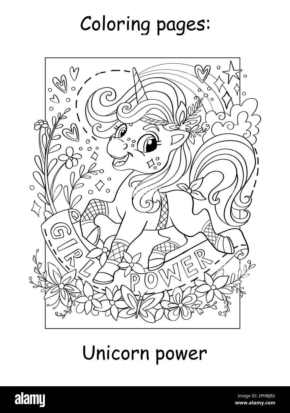 Cute beautiful unicorn girl with flowers with lettering girl power cartoon vector illustration kids coloring book page with color template for colo stock vector image art