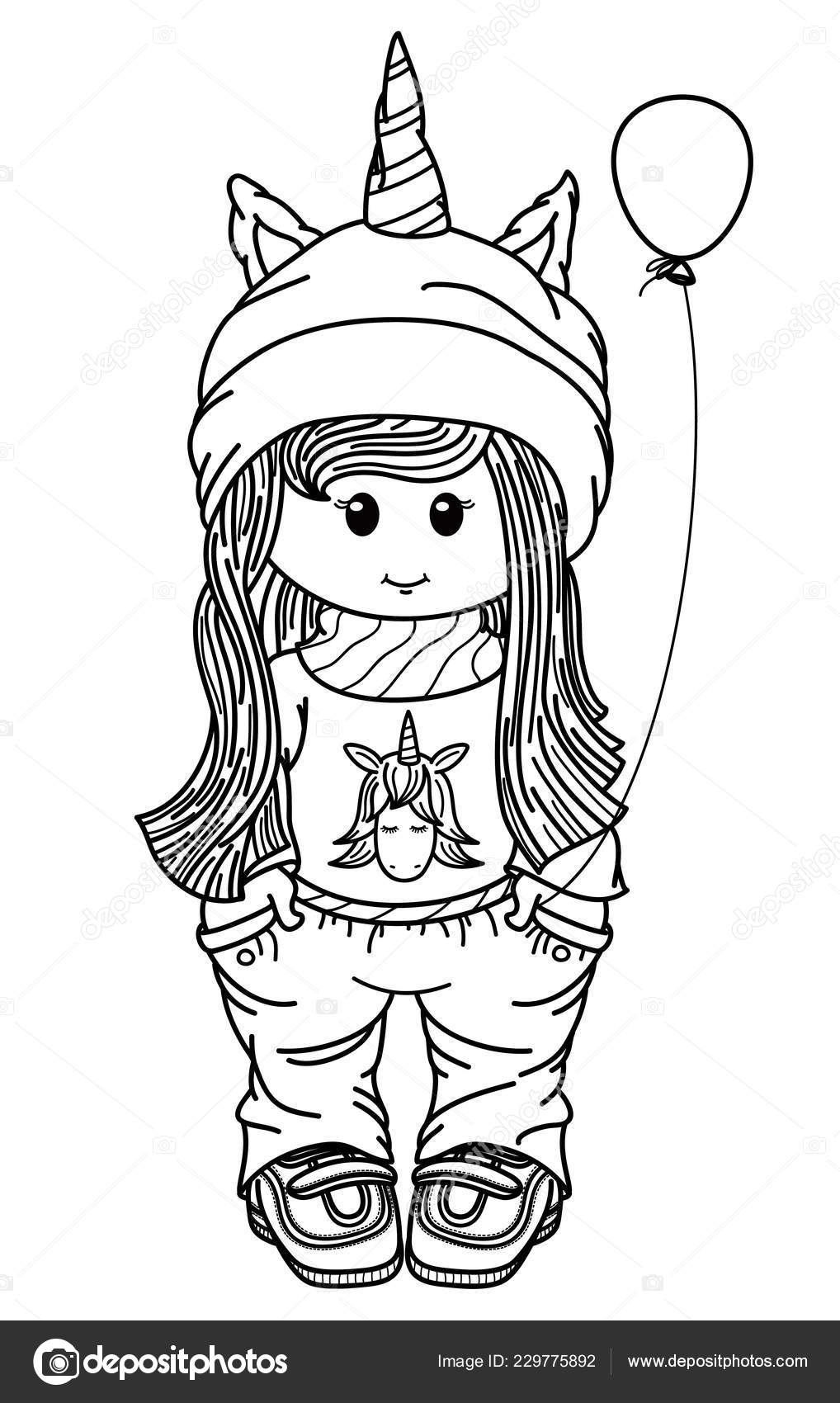 Cute unicorn girl cartoon black silhouettes coloring stock vector by rvika