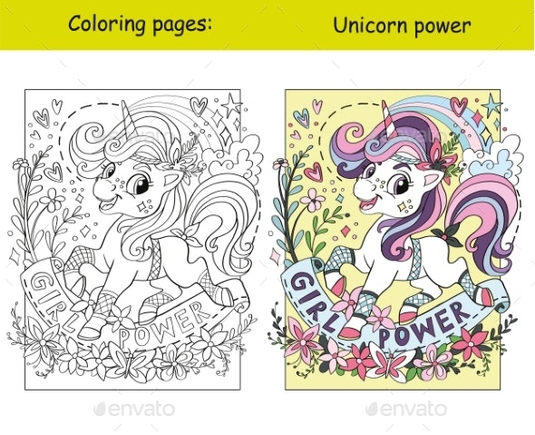 Cute unicorn with flowers coloring and template vectors