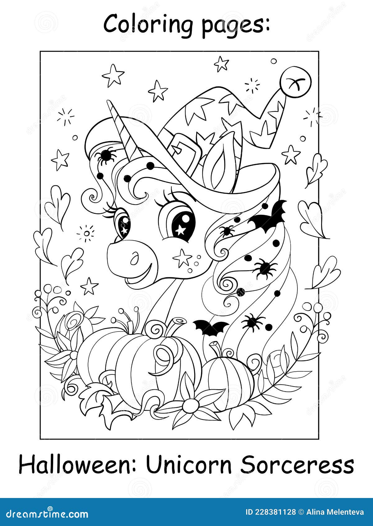 Coloring book page cute portrait of unicorn halloween stock vector