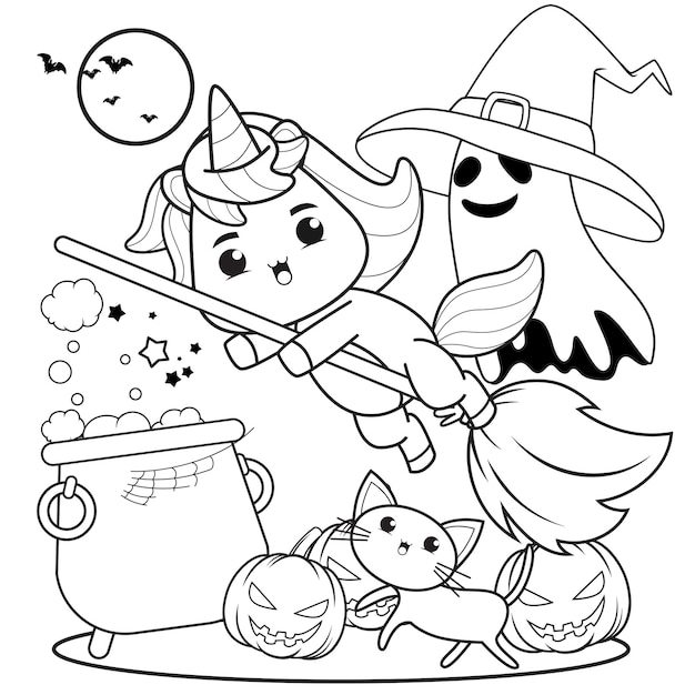 Premium vector halloween coloring book with cute unicorn