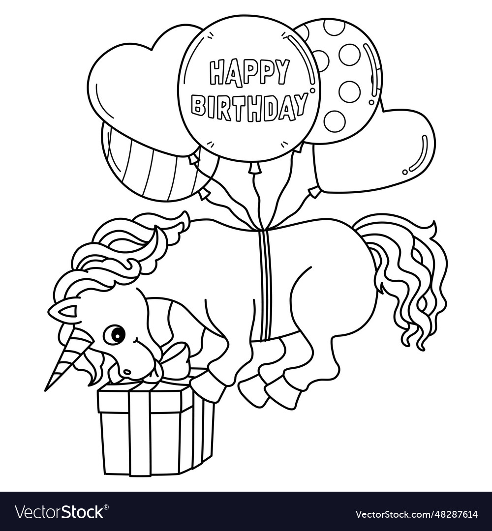 Happy birthday unicorn isolated coloring page vector image