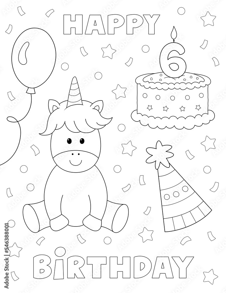 Ilustrace âhappy th birthday coloring page cute design with cake unicorn and more fun shapes to colorâ ze sluåby