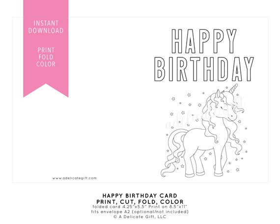 Printable happy birthday card unicorn instant download diy coloring page print and color